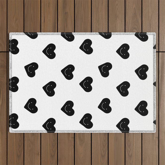 Black and white love heart doodle pattern Outdoor Rug Gallery Image 1
