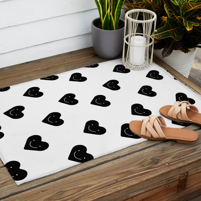 Black and white love heart doodle pattern Outdoor Rug Gallery Image 2