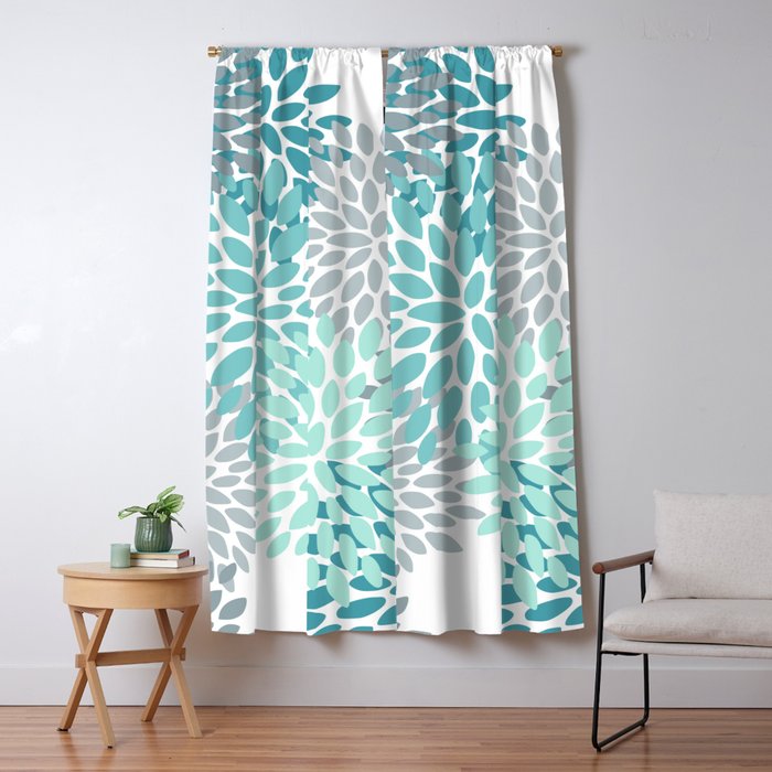 Floral Pattern, Aqua, Teal, Turquoise and Gray Window Curtain Gallery Image 1