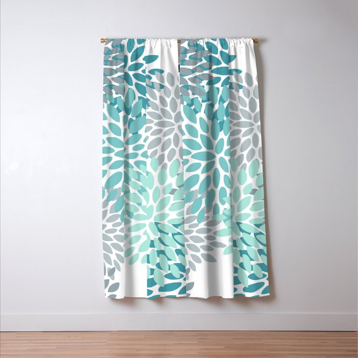 Floral Pattern, Aqua, Teal, Turquoise and Gray Window Curtain Gallery Image 3