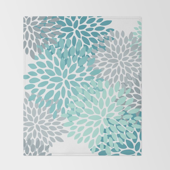 Floral Pattern, Aqua, Teal, Turquoise and Gray Throw Blanket Gallery Image 2