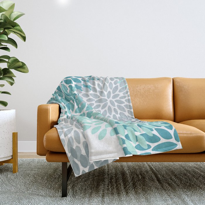 Floral Pattern, Aqua, Teal, Turquoise and Gray Throw Blanket Gallery Image 1
