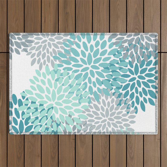Floral Pattern, Aqua, Teal, Turquoise and Gray Outdoor Rug Gallery Image 1