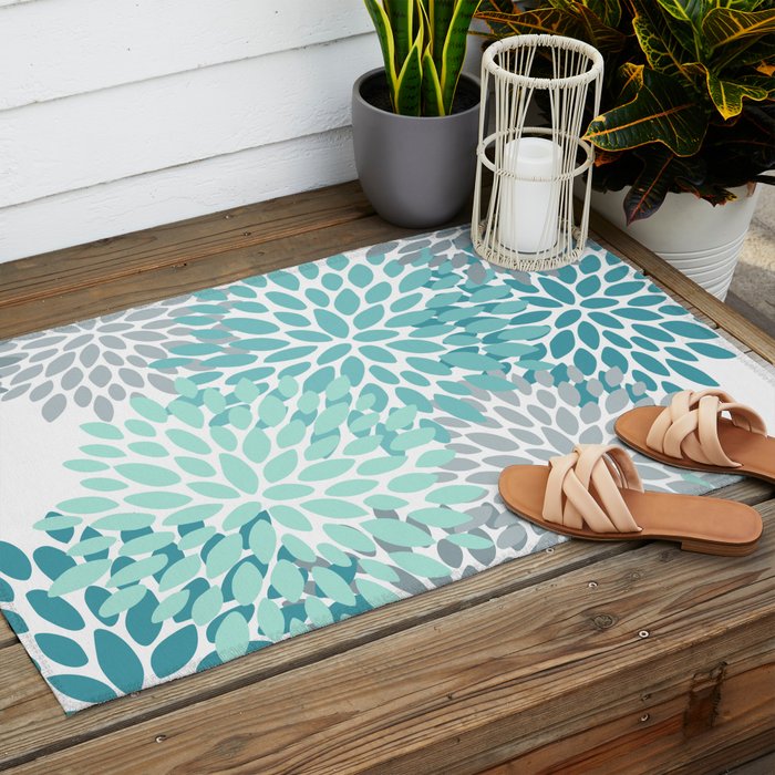 Floral Pattern, Aqua, Teal, Turquoise and Gray Outdoor Rug Gallery Image 2