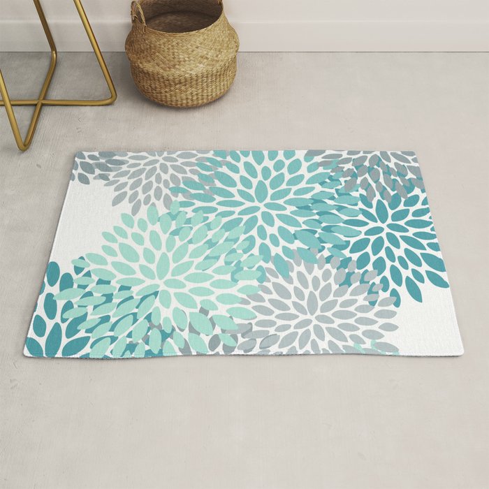 Floral Pattern, Aqua, Teal, Turquoise and Gray Rug Gallery Image 1