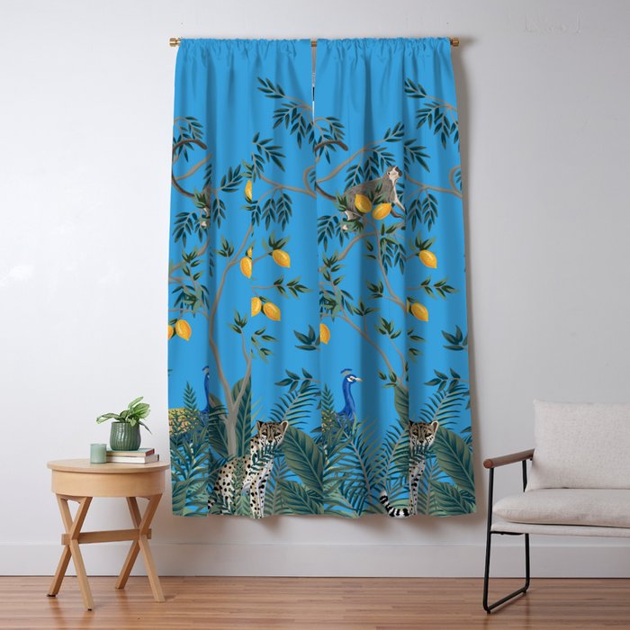 Chinoiserie Exotic Jungle Monkey Peacock Cobalt Blue Fresco Art Window Curtain Gallery Image 5