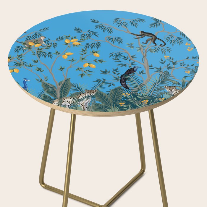 Chinoiserie Exotic Jungle Monkey Peacock Cobalt Blue Fresco Art Side Table Gallery Image 2