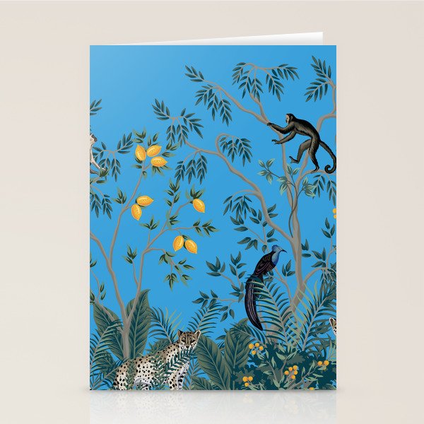 Chinoiserie Exotic Jungle Monkey Peacock Cobalt Blue Fresco Art Stationery Card Gallery Image 1