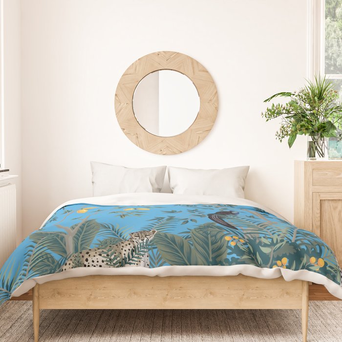 Chinoiserie Exotic Jungle Monkey Peacock Cobalt Blue Fresco Art Duvet Cover Gallery Image 3
