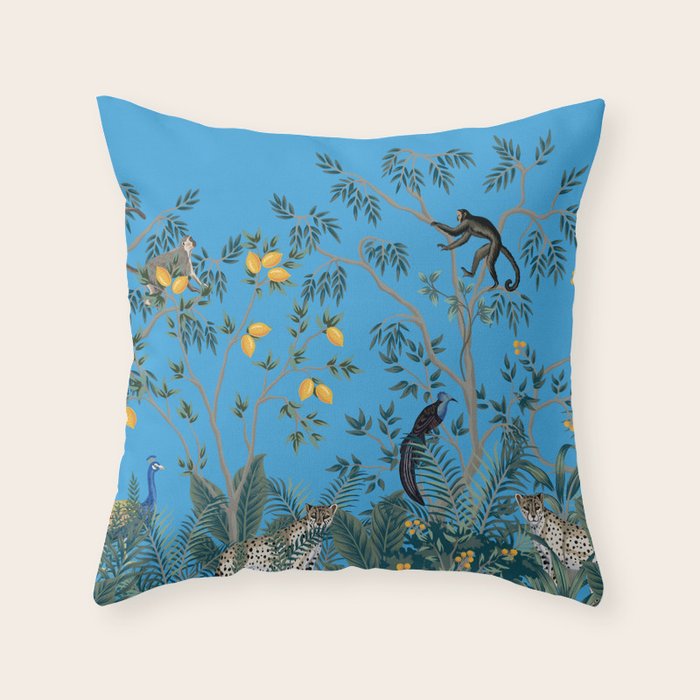 Chinoiserie Exotic Jungle Monkey Peacock Cobalt Blue Fresco Art Throw Pillow Gallery Image 1