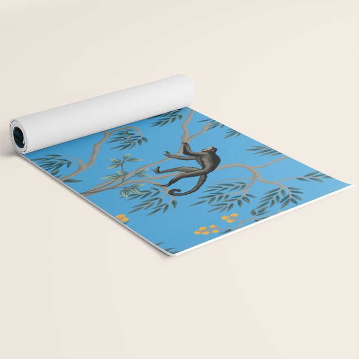 Chinoiserie Exotic Jungle Monkey Peacock Cobalt Blue Fresco Art Yoga Mat Gallery Image 2