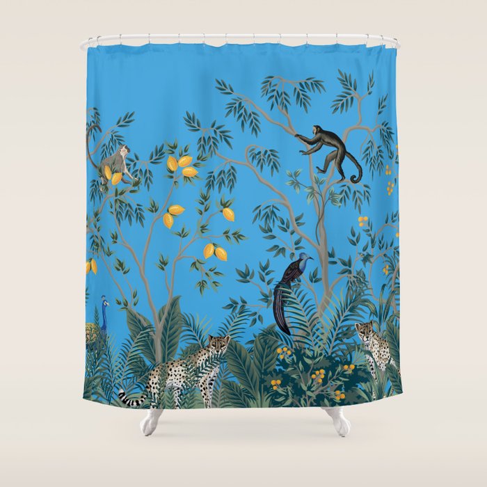 Chinoiserie Exotic Jungle Monkey Peacock Cobalt Blue Fresco Art Shower Curtain Gallery Image 1