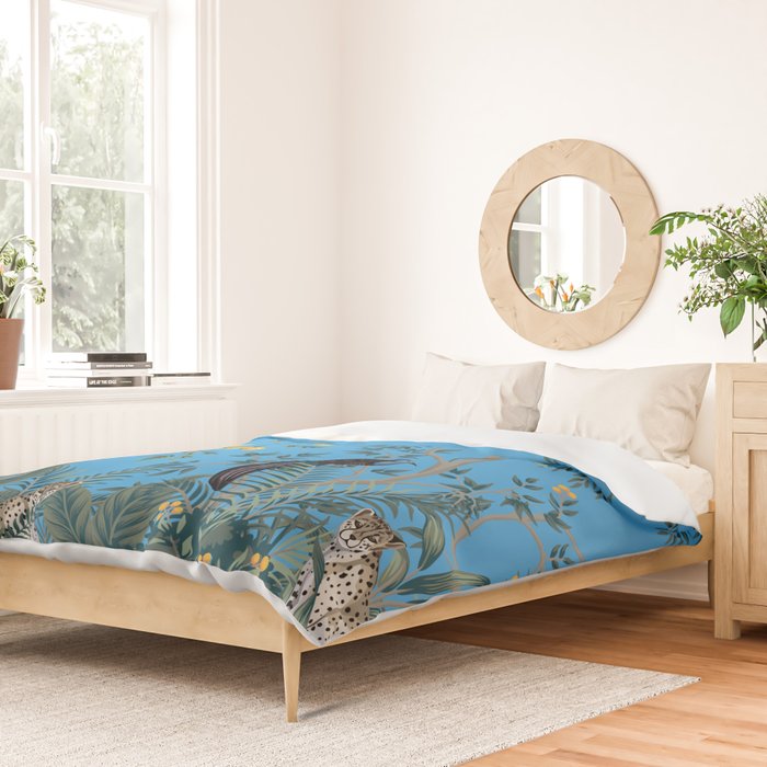 Chinoiserie Exotic Jungle Monkey Peacock Cobalt Blue Fresco Art Duvet Cover Gallery Image 2
