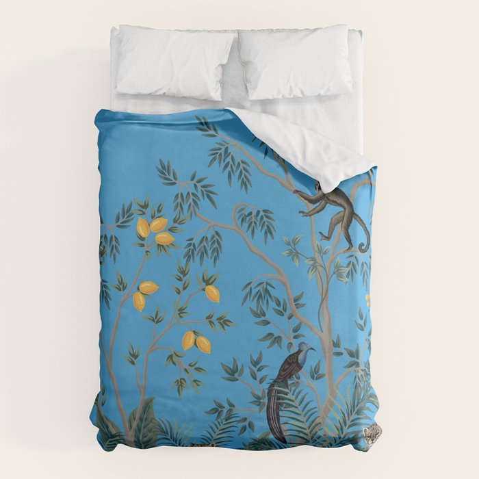 Chinoiserie Exotic Jungle Monkey Peacock Cobalt Blue Fresco Art Duvet Cover Gallery Image 1