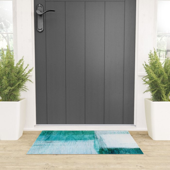Aqua Blue Geometric Abstract Textured Painting Welcome Mat Gallery Image 3