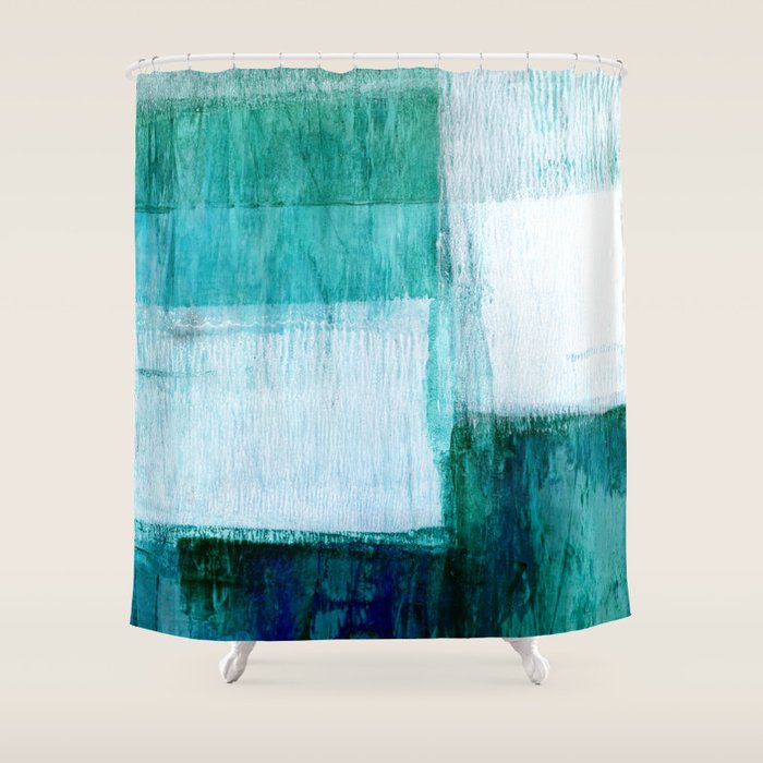 Aqua Blue Geometric Abstract Textured Painting Shower Curtain Gallery Image 1