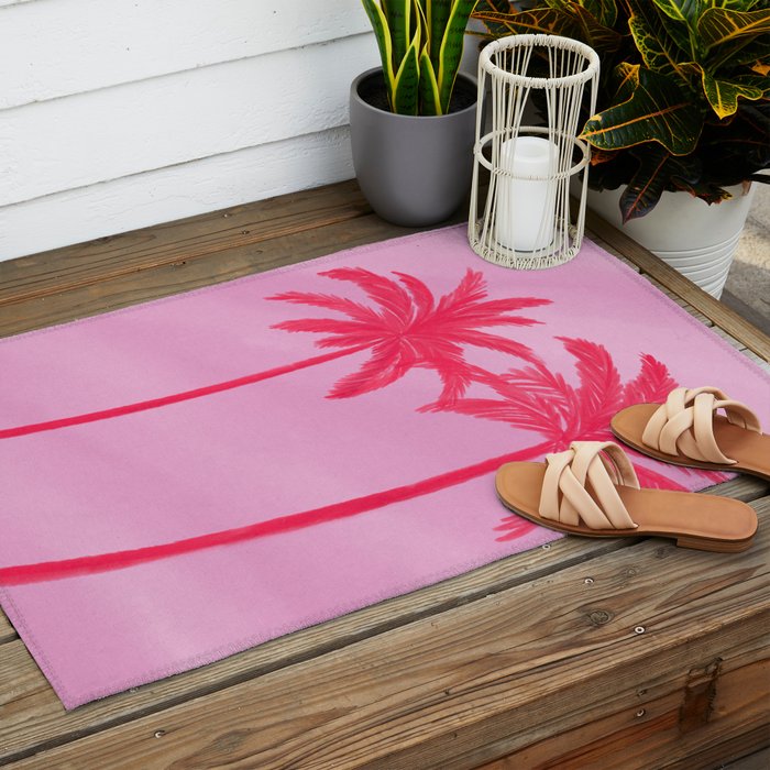 Pink Palm Trees Summer Tropical Aesthetic Outdoor Rug Gallery Image 2
