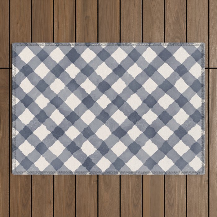 Hand Painted Blue Festive Gingham Theme Outdoor Rug Gallery Image 1