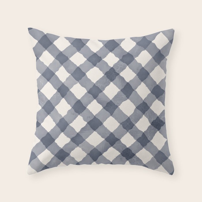 Hand Painted Blue Festive Gingham Theme Throw Pillow Gallery Image 6