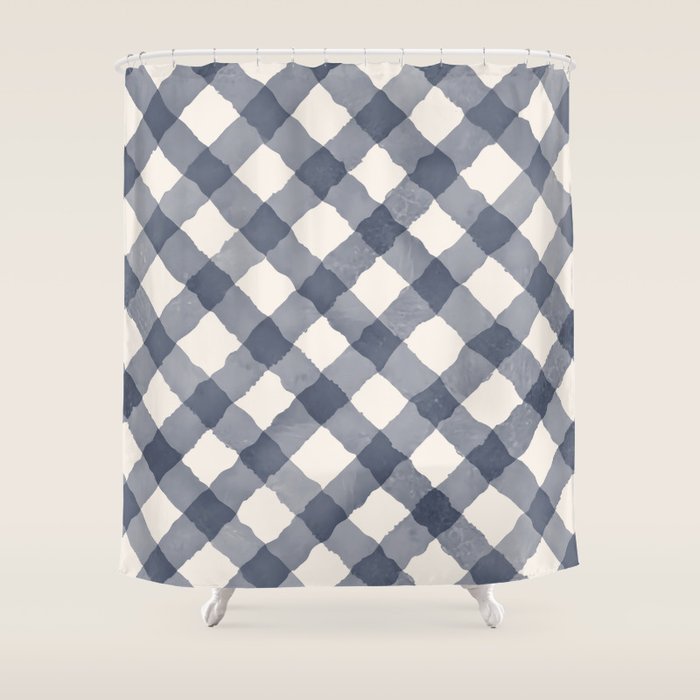 Hand Painted Blue Festive Gingham Theme Shower Curtain Gallery Image 1