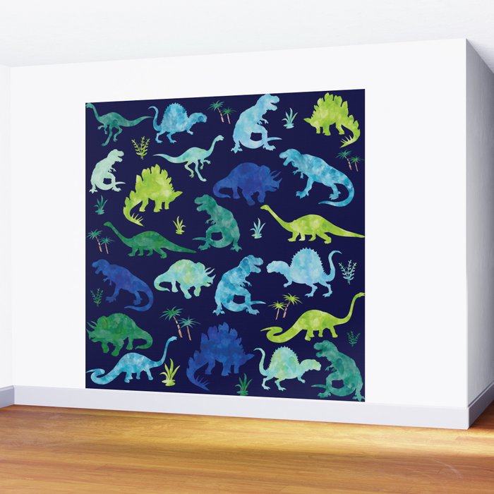 Watercolor Dinosaur Blue Green Dino Pattern Wall Mural Gallery Image 2