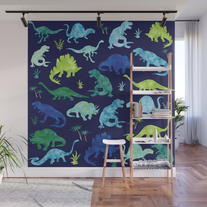 Watercolor Dinosaur Blue Green Dino Pattern Wall Mural Gallery Image 1
