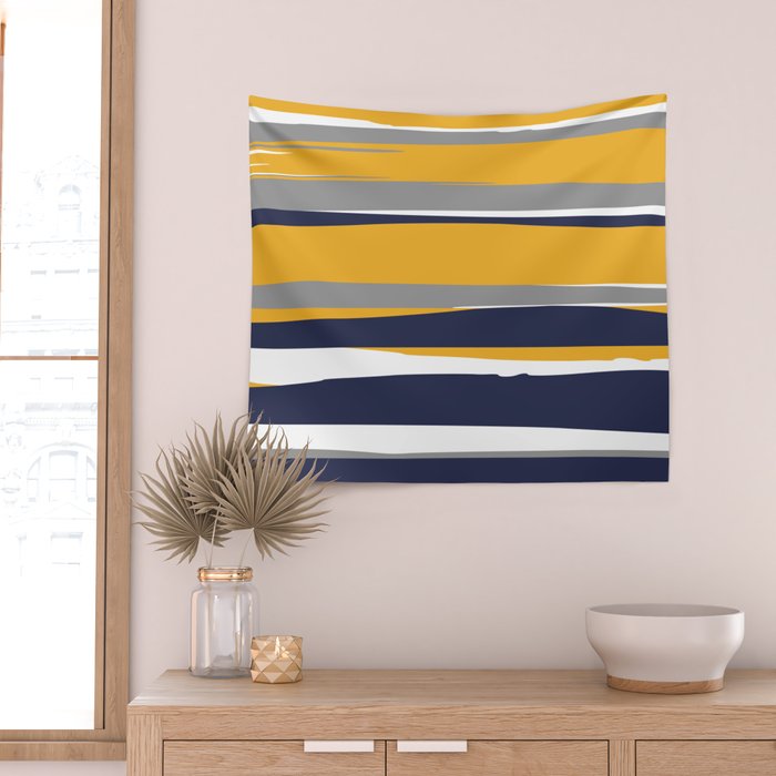 Stripes Abstract, Yellow, Grey, Navy Wall Tapestry Gallery Image 2