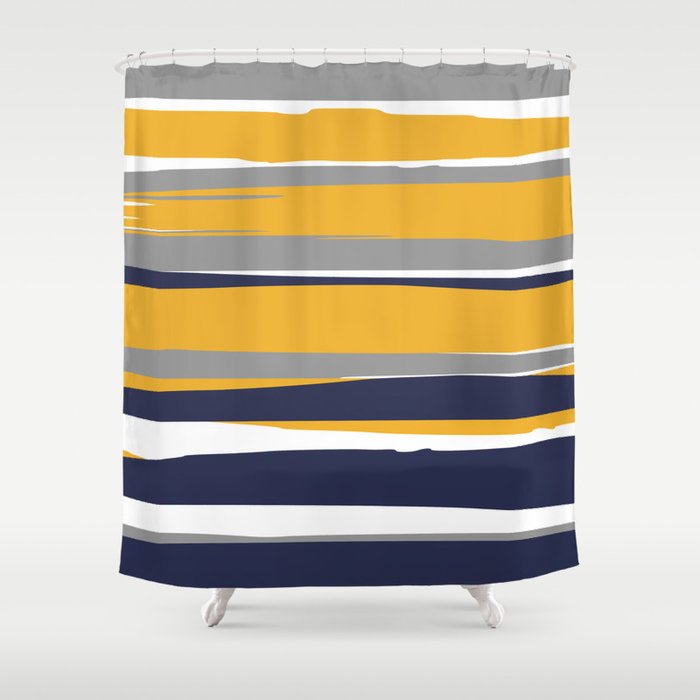 Stripes Abstract, Yellow, Grey, Navy Shower Curtain Gallery Image 1