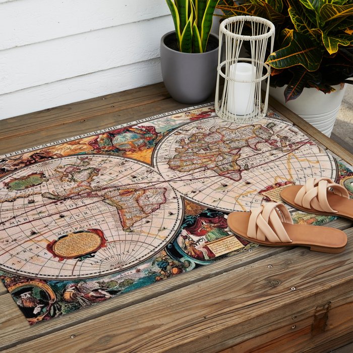 Gorgeous Old World Geographical Map Outdoor Rug Gallery Image 2