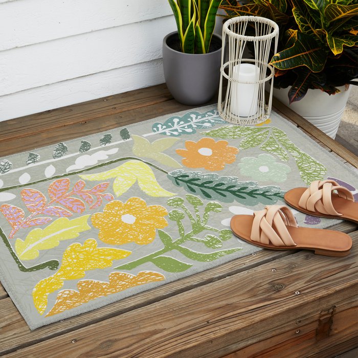 Block print spring meadow Outdoor Rug Gallery Image 2