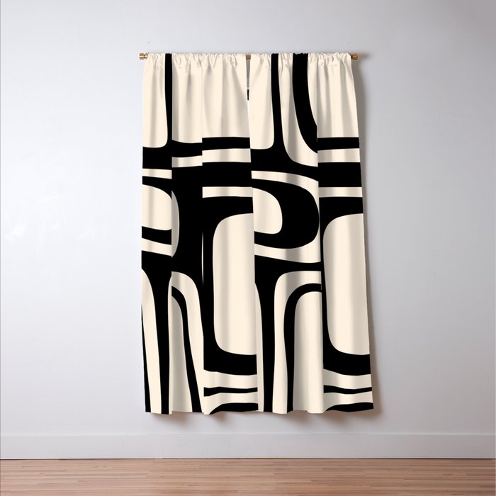 Palm Springs Retro Midcentury Modern Abstract Pattern Black and Almond Cream Window Curtain Gallery Image 3
