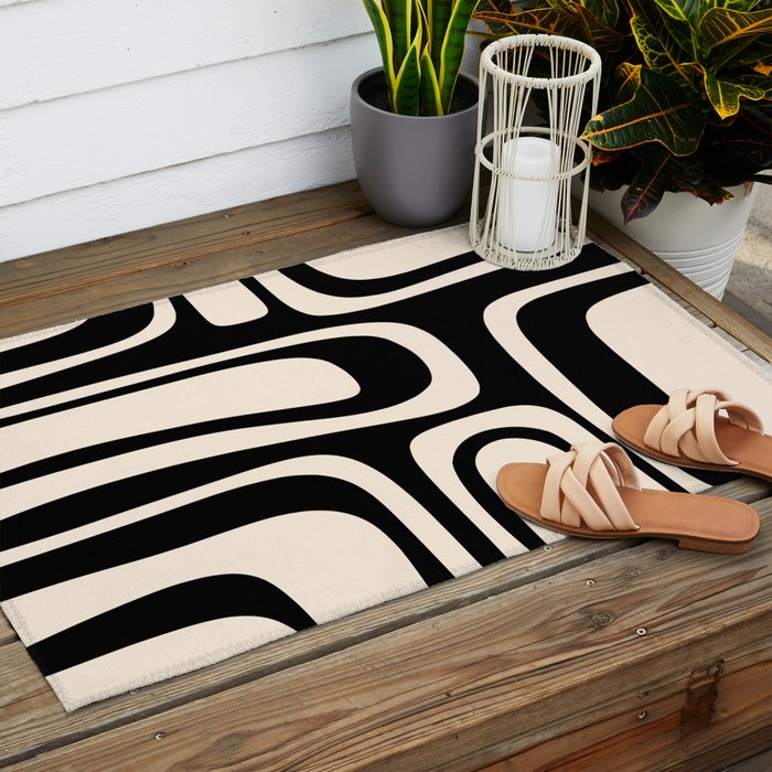 Palm Springs Retro Midcentury Modern Abstract Pattern Black and Almond Cream Outdoor Rug Gallery Image 2