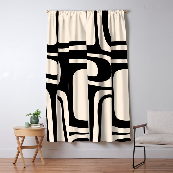 Palm Springs Retro Midcentury Modern Abstract Pattern Black and Almond Cream Window Curtain Gallery Image 1