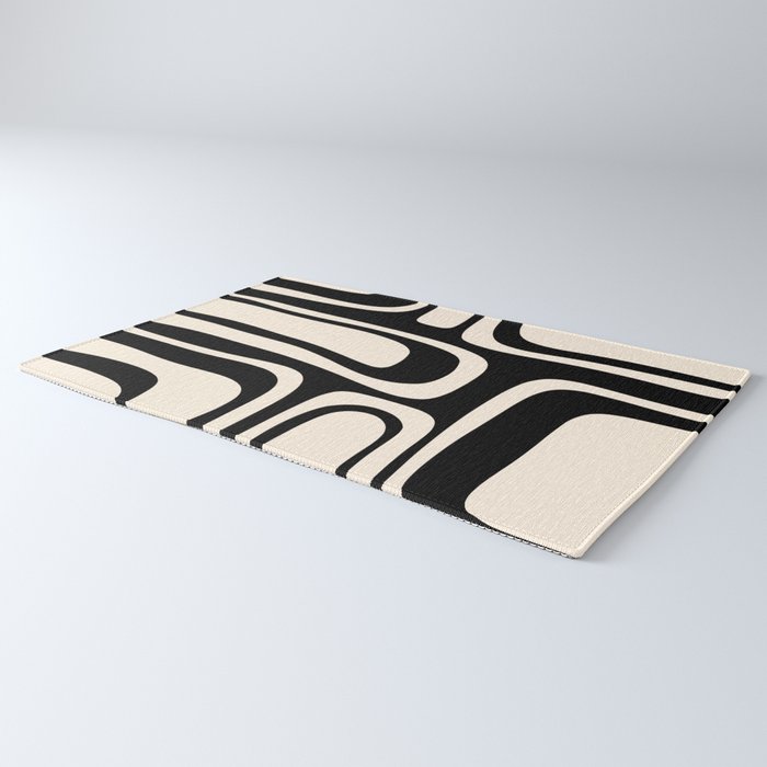 Palm Springs Retro Midcentury Modern Abstract Pattern Black and Almond Cream Rug Gallery Image 3