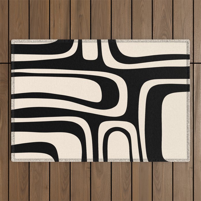 Palm Springs Retro Midcentury Modern Abstract Pattern Black and Almond Cream Outdoor Rug Gallery Image 1