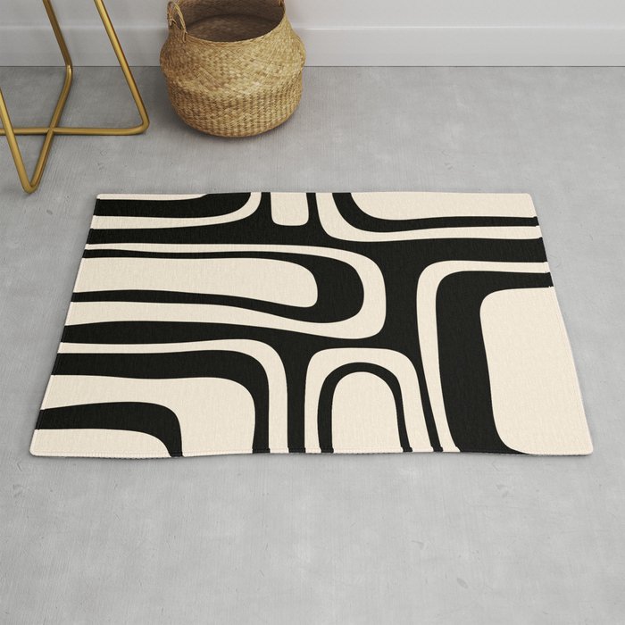 Palm Springs Retro Midcentury Modern Abstract Pattern Black and Almond Cream Rug Gallery Image 1