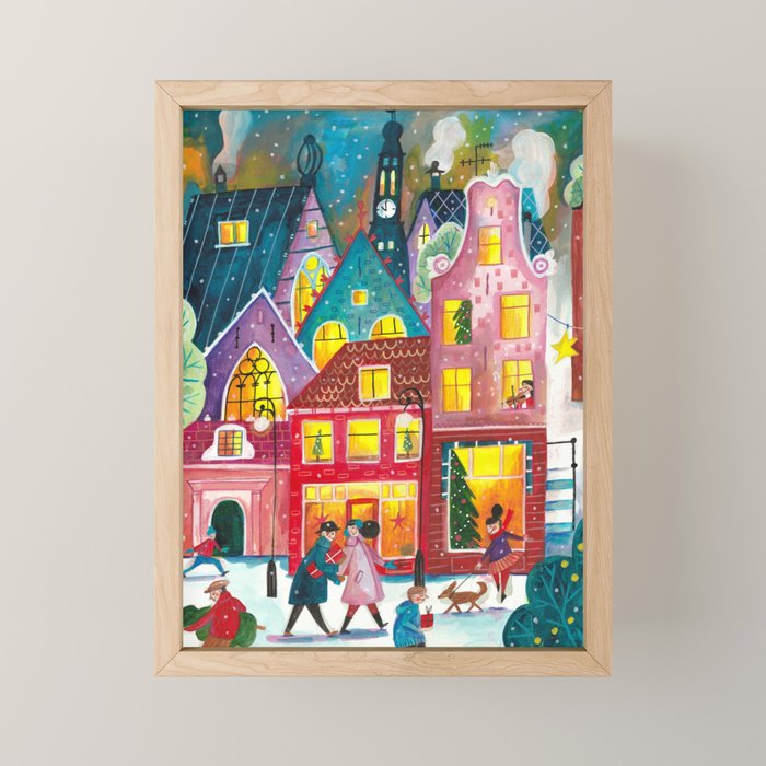 Amsterdam festive city lights in the snow Mini Art Print Gallery Image 1