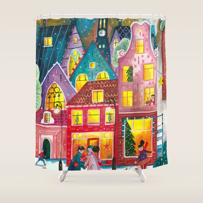 Amsterdam festive city lights in the snow Shower Curtain Gallery Image 1