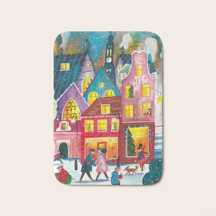 Amsterdam festive city lights in the snow Bath Mat Gallery Image 1