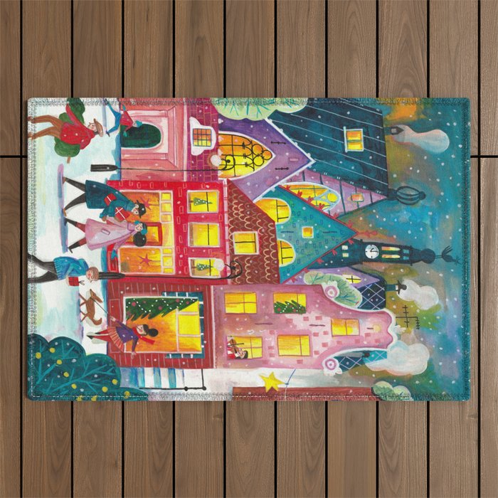 Amsterdam festive city lights in the snow Outdoor Rug Gallery Image 1