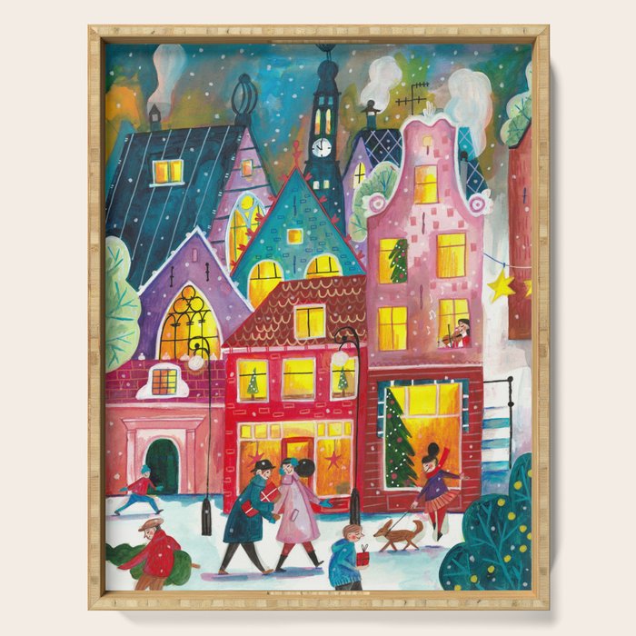 Amsterdam festive city lights in the snow Serving Tray Gallery Image 1