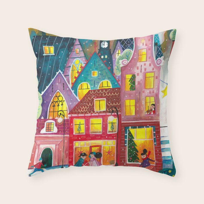 Amsterdam festive city lights in the snow Throw Pillow Gallery Image 1