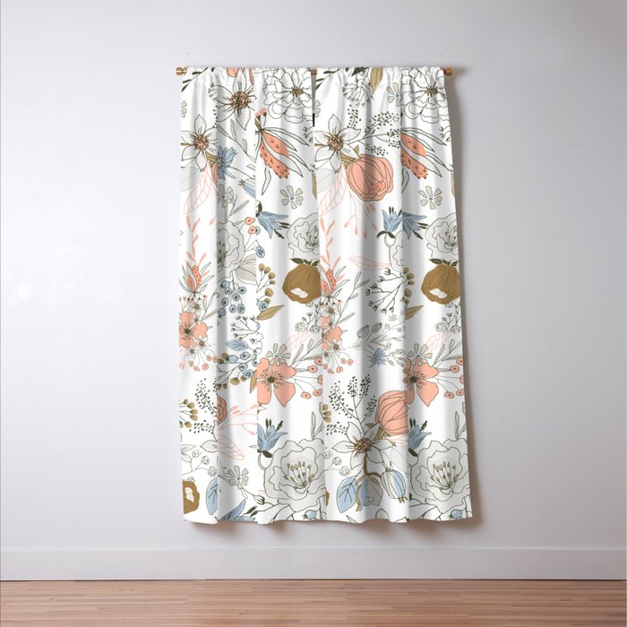 Abstract modern coral white pastel rustic floral Window Curtain Gallery Image 3