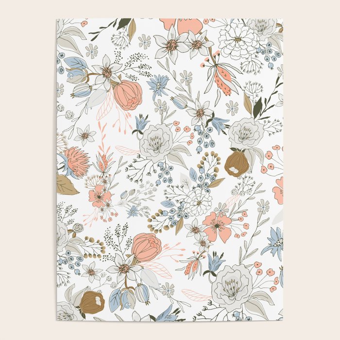 Abstract modern coral white pastel rustic floral Poster Gallery Image 1