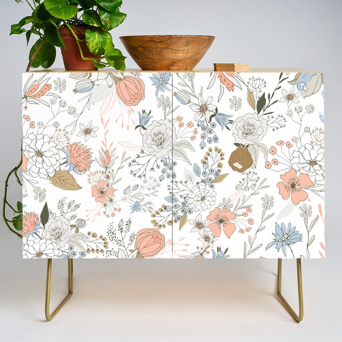 Abstract modern coral white pastel rustic floral Credenza Gallery Image 1
