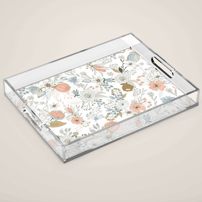 Abstract modern coral white pastel rustic floral Acrylic Tray Gallery Image 1