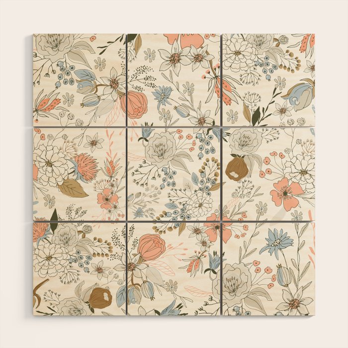 Abstract modern coral white pastel rustic floral Wood Wall Art Gallery Image 1
