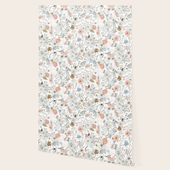 Abstract modern coral white pastel rustic floral Wallpaper Gallery Image 2