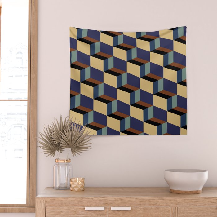Cuboid Geometric Abstract Shapes Pattern XVII Wall Tapestry Gallery Image 2
