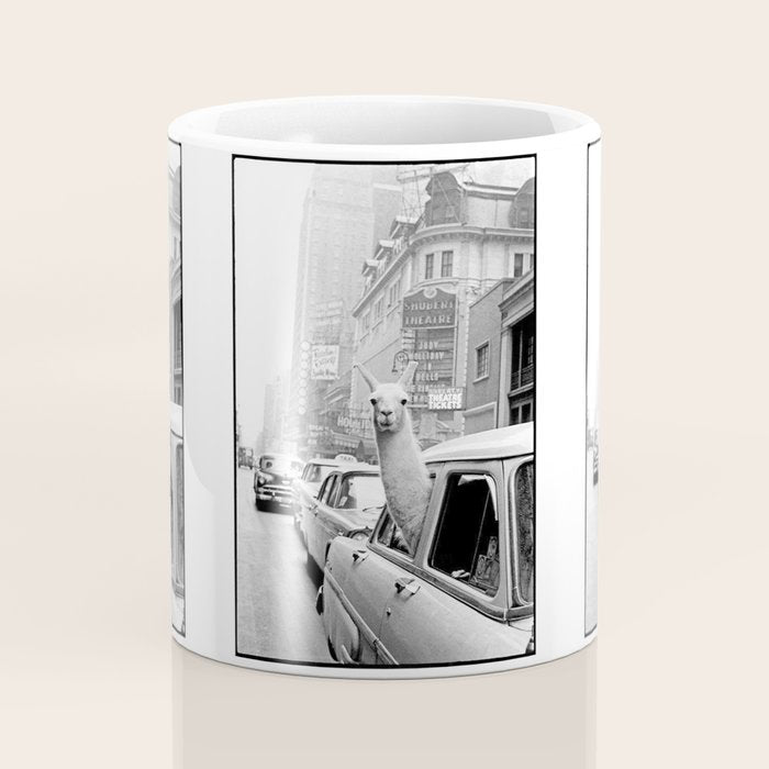  llama in times square print - a llama in times square-Llama Riding in Taxi, Black and White Vintage Coffee Mug Gallery Image 4